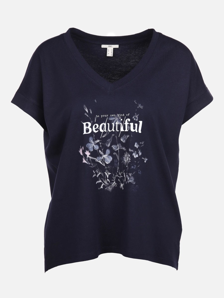 Frauen edc Shirts & Tops | Damen Shirt Mit Frontprint Und V-Ausschnitt